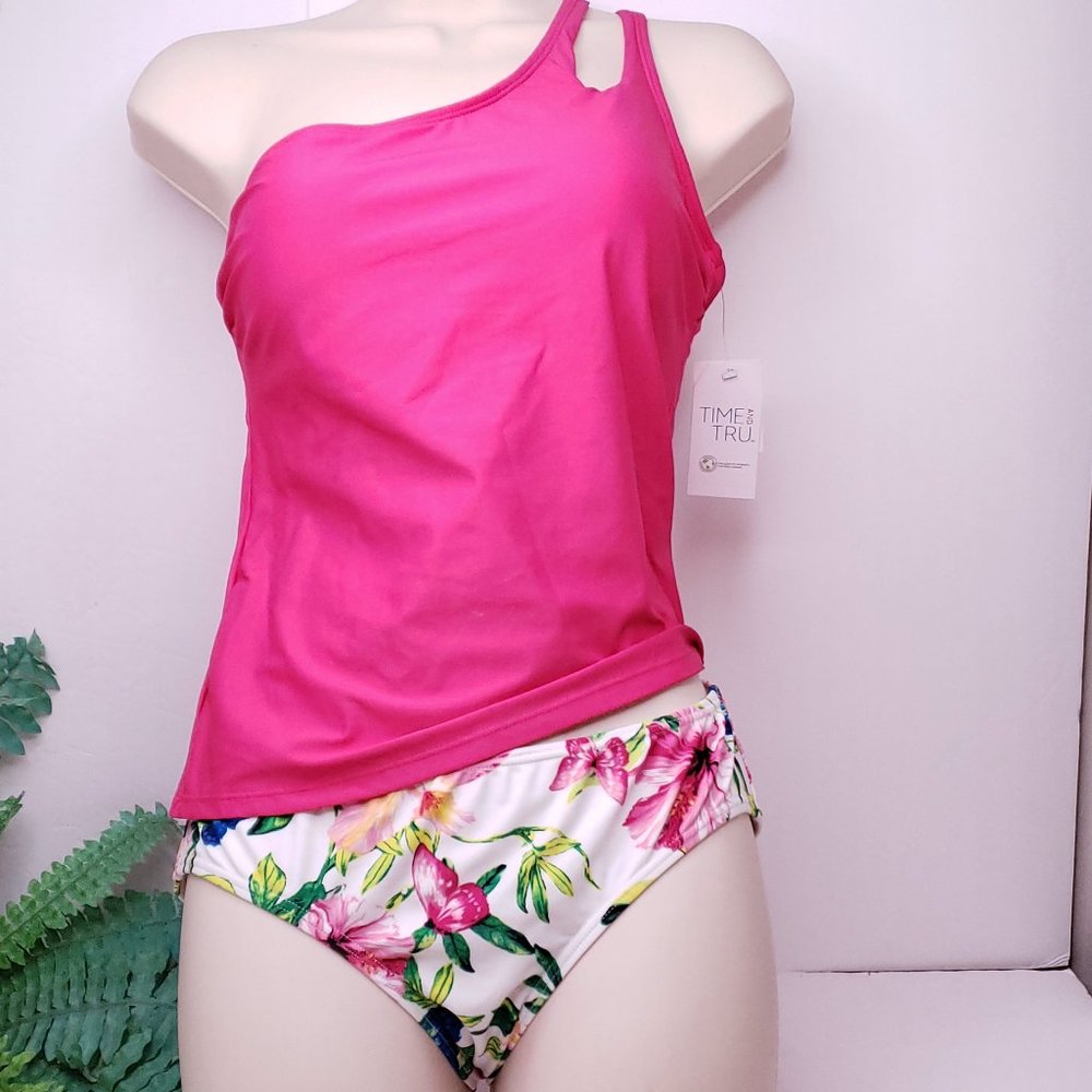 SMALL Swim Set Tankini Top Bikini Bottom One Shoulder CutOut Scrunch Butt Barbie